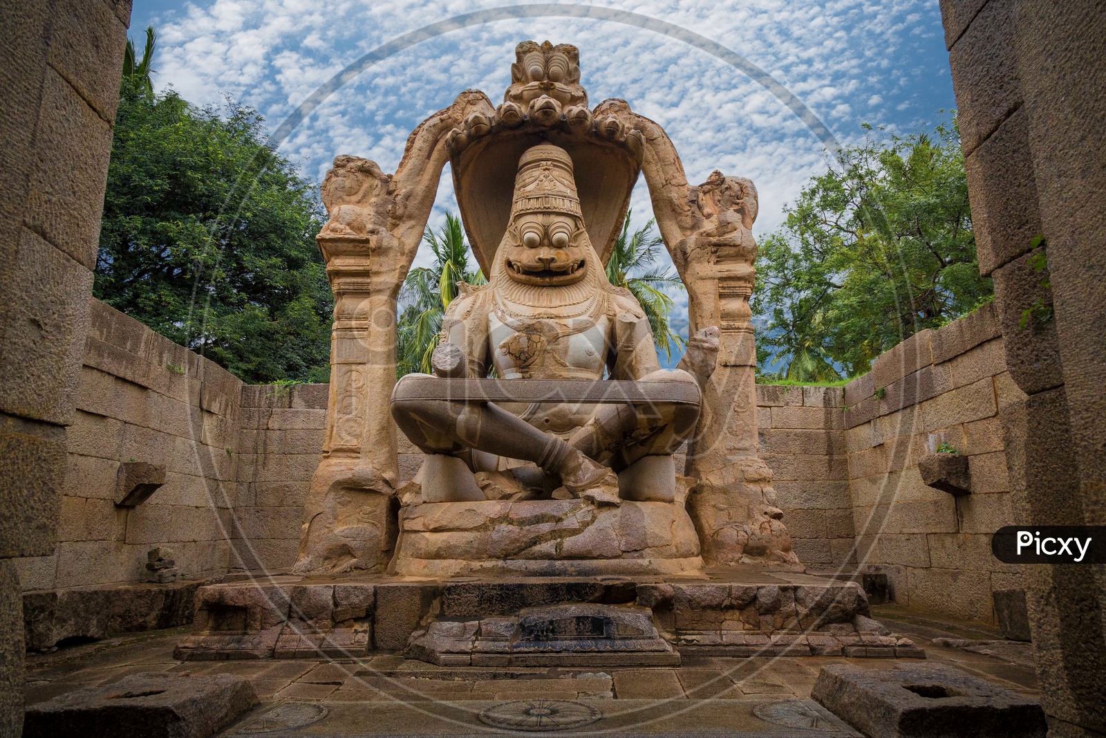 Narasimha Swamy Statue in Hampi on a clear bright sunny day