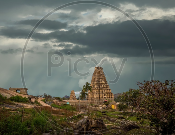 Virupaksha Temple in Unesco World Heritage Town Hampi on a cloudy day