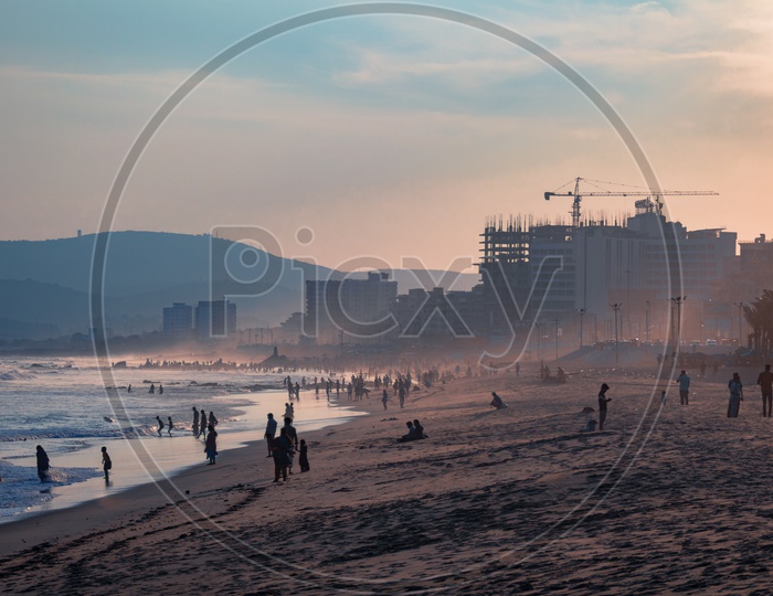 Vizag Beach Beach With Visitors in an Evening Light