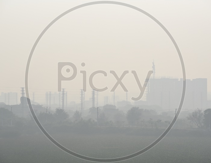 Fog Filled Hyderabad City Outskirts With Buildings 
