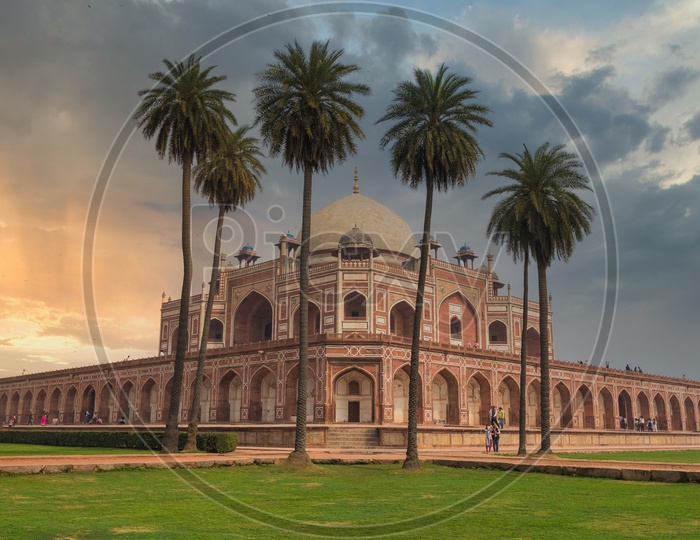Wide angle view of Humayun Tombs during sunset in Delhi