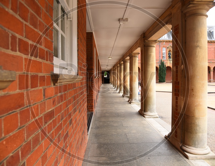Architecture Of Wellington College  in London  With Corridor And Pillars