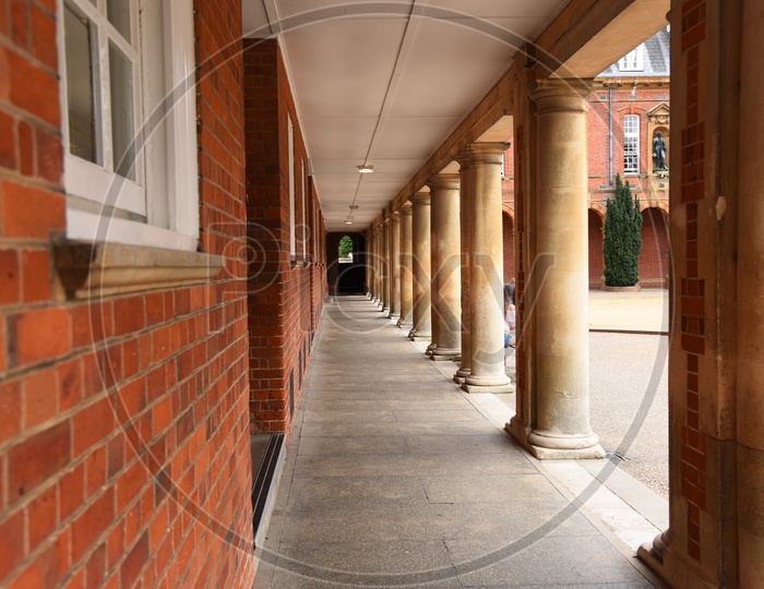 Architecture Of Wellington College  in London  With Corridor And Pillars