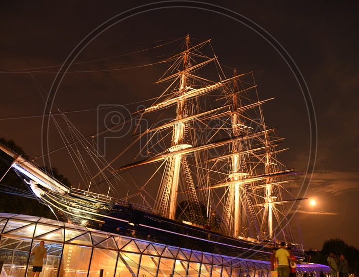 Barquentine  Sailor Ship With Neon Lights in Night Backdrop