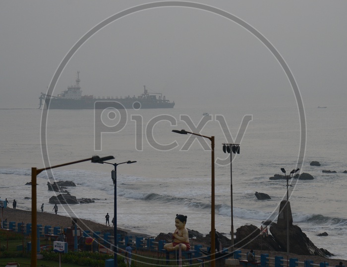 Goods Carrier Ship Near Shore At RK Beach In Visakhapatnam