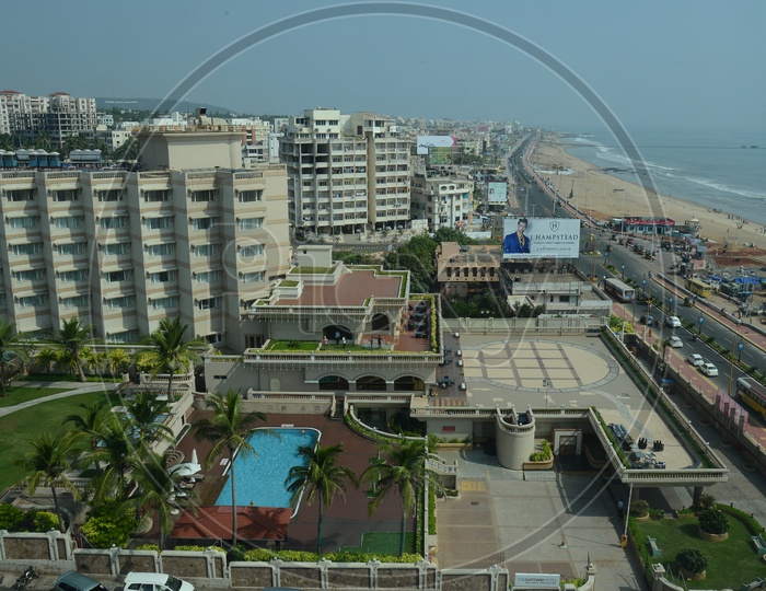Aerial View Of Beach Road With RK Beach  and Sea In Visakhapatnam