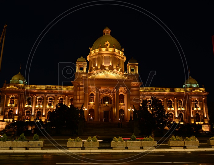 Night View Of National Museum in Belgrade  With Lights