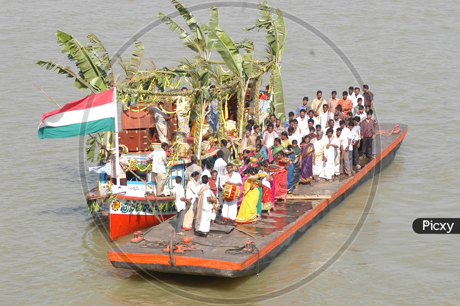 Villagers Commuting in Boats Or Steamer Boats on River Godavari