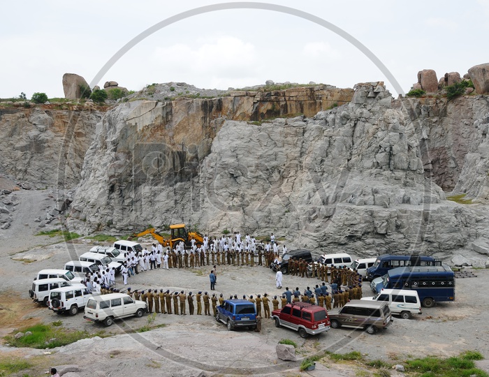 Film Shooting Crew In  A Stone Quarry