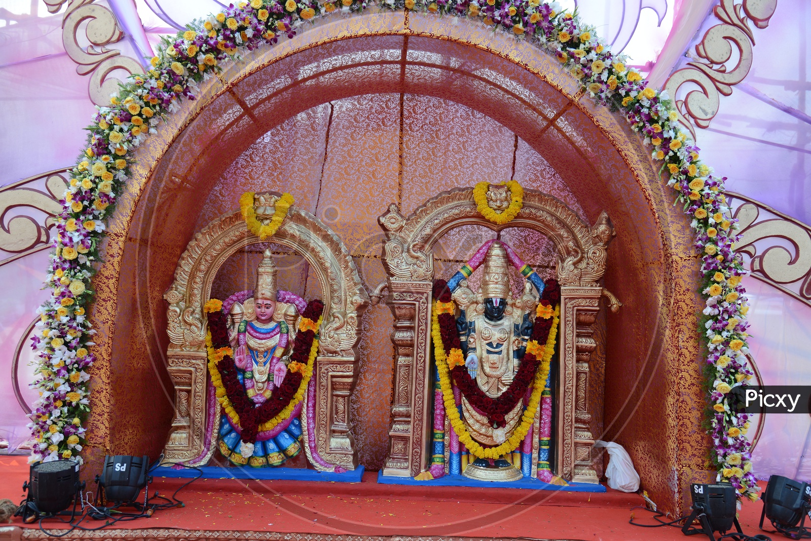 Indian Hindu God Lord Venkateshwara And Goddess durga Idol on an Wedding Stage
