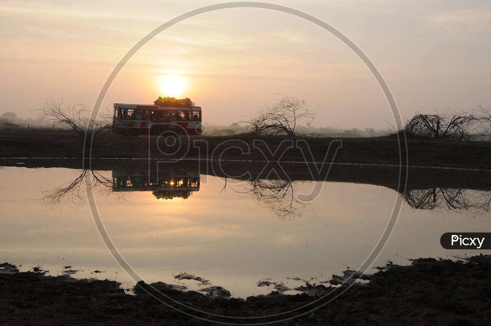 TSRTC  Rural Bus Service Running On Village Roads With Lake And sunset