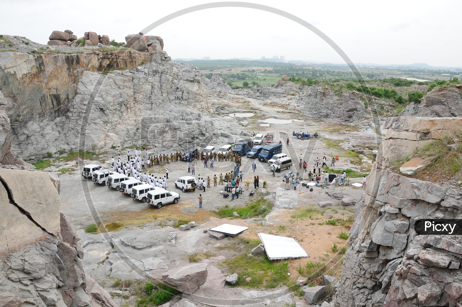 Film Shooting Crew In  A Stone Quarry