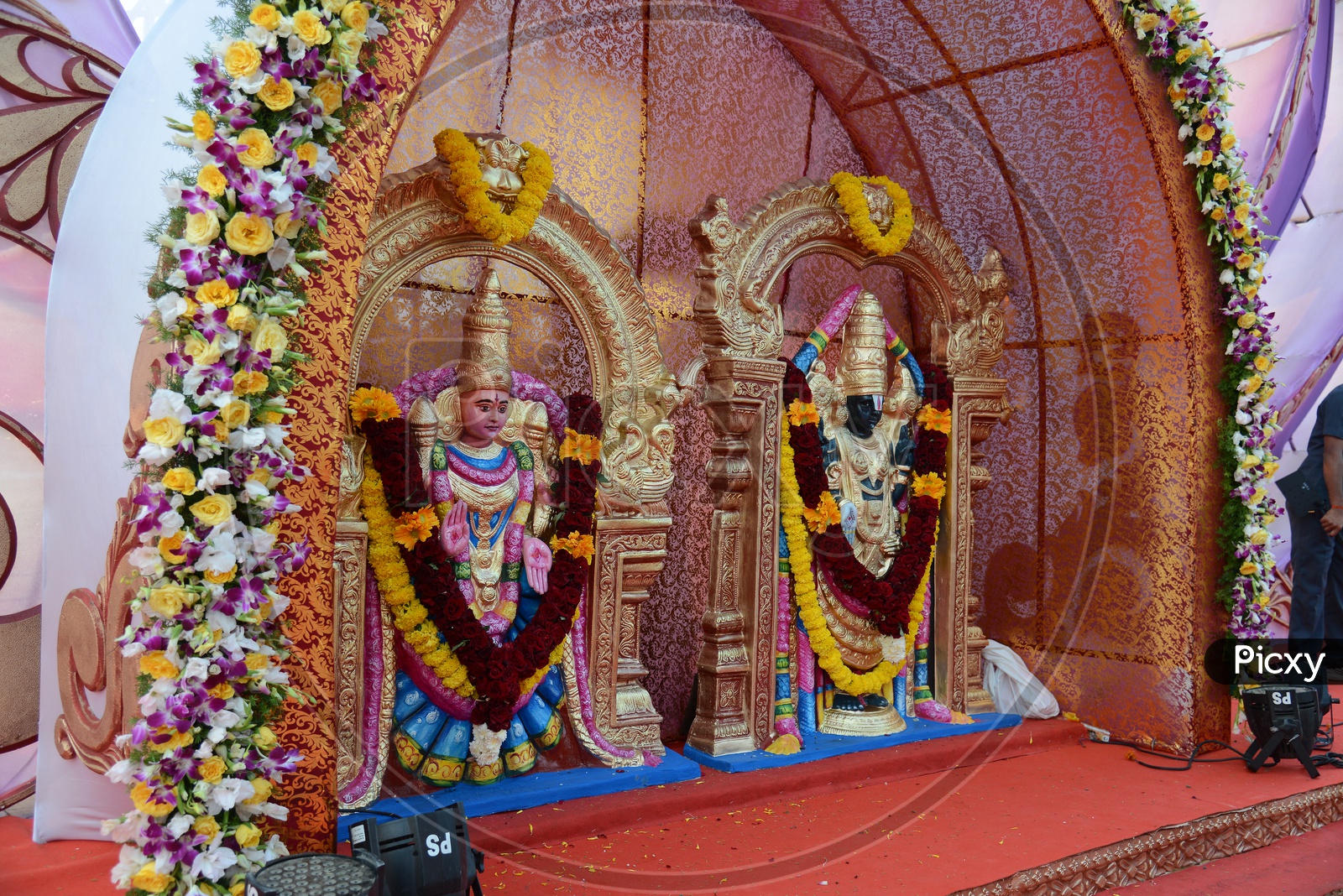 Indian Hindu God Lord Venkateshwara And Goddess durga Idol on an Wedding Stage
