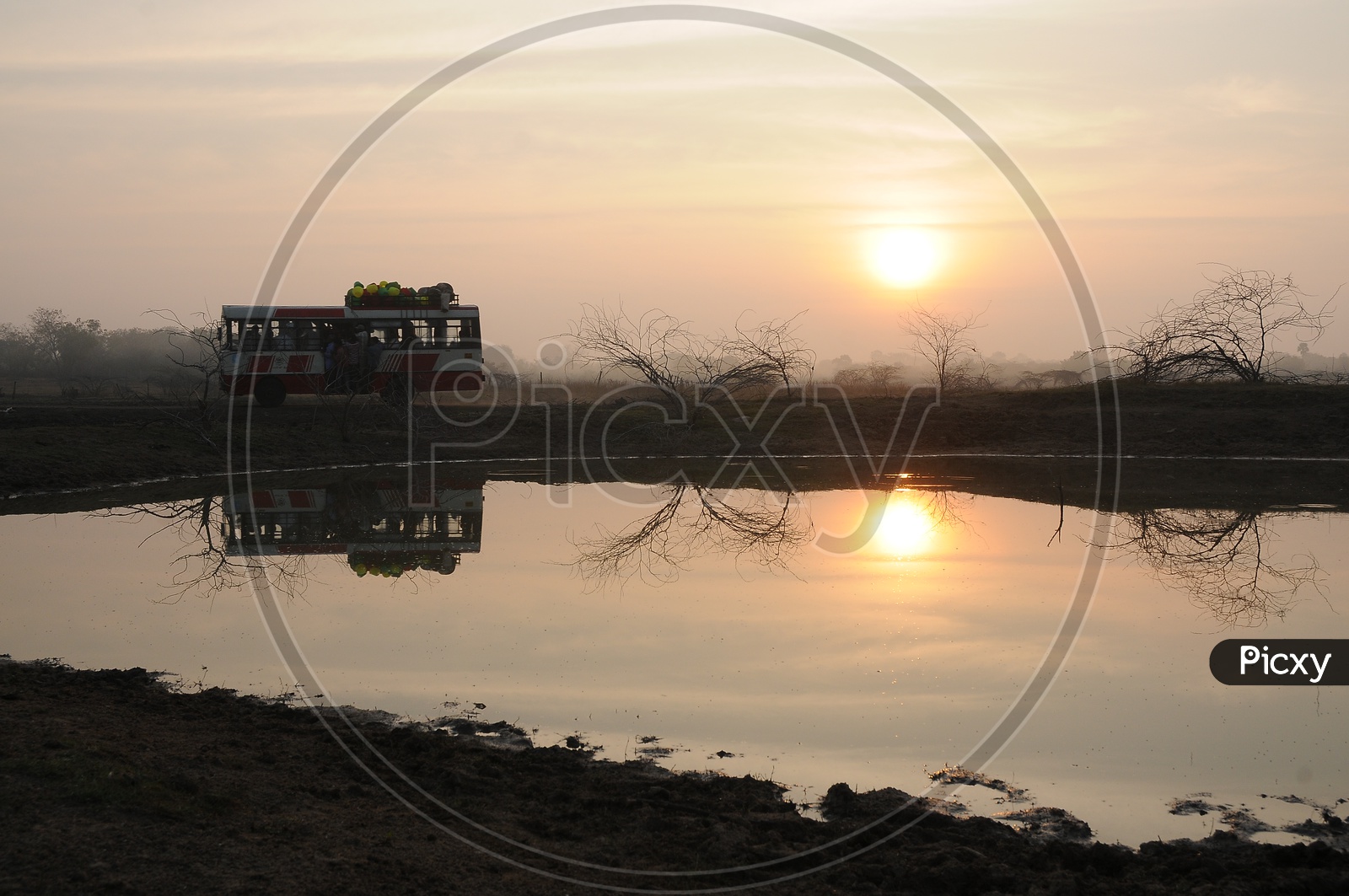 TSRTC  Rural Bus Service Running On Village Roads With Lake And sunset