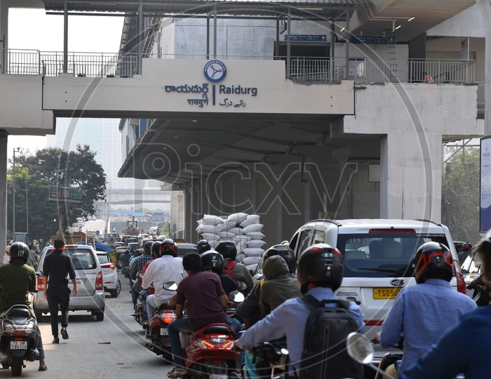 Traffic at Raidurg Metro Station, Hyderabad