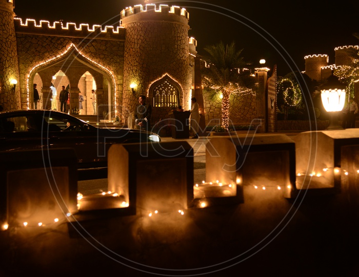 Led Light Decoration In an Old Palace in Nigh Backdrop