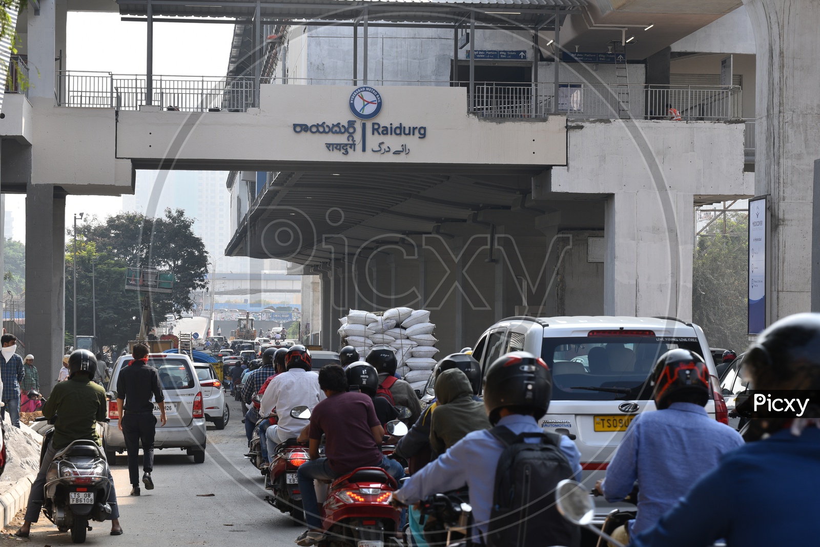 Traffic at Raidurg Metro Station, Hyderabad