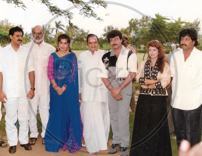 Former AP Chief Minister N.T.Rama Rao with Film Actor Chiranjeevi and Actresses Ramya Krishnan, Rambha