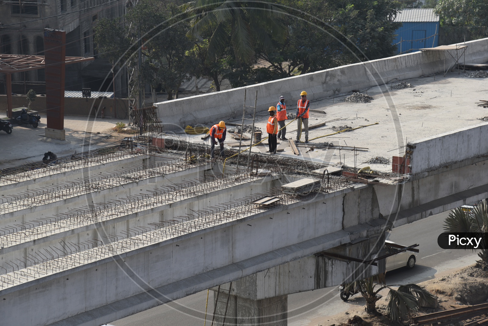 Under Construction Biodiversity Flyover 2 Connecting Gachibowli And Raidurgam in Hyderabad City With Construction Workers