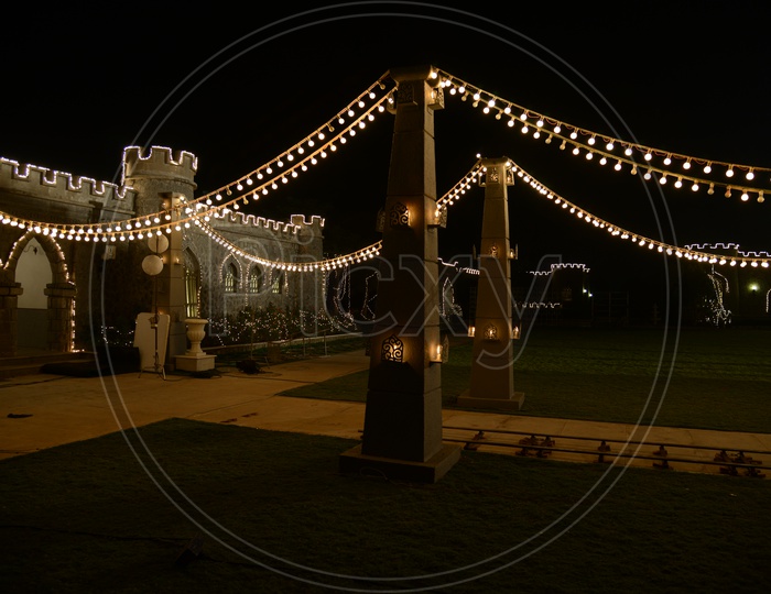 Led Light Decoration In an Old Palace in Nigh Backdrop