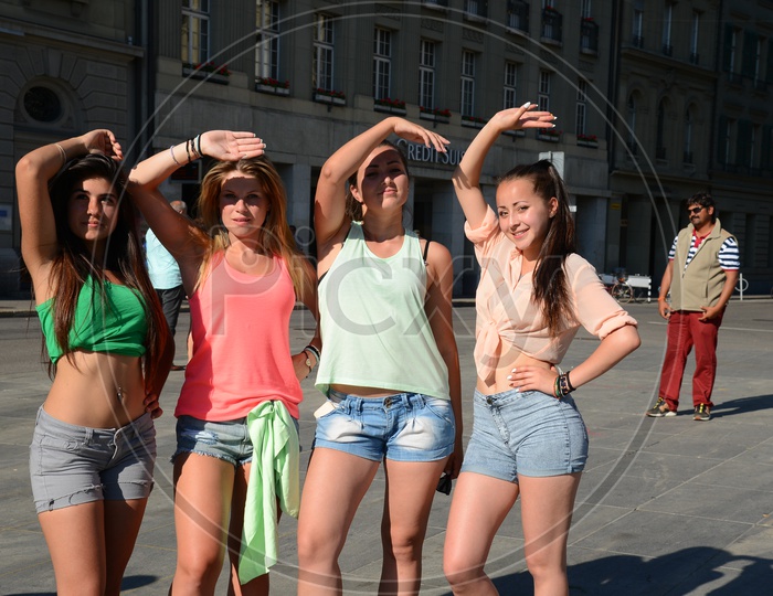 Group Of Girls Posing in Switzerland Streets