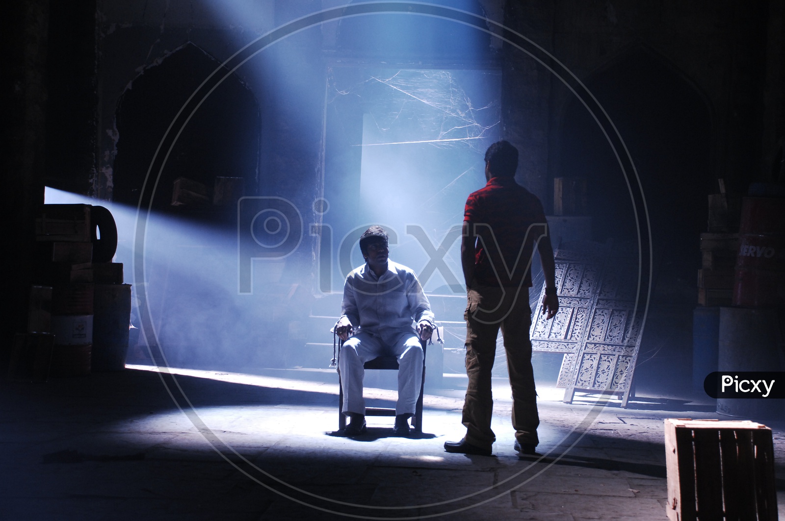 An Unidentified Person Tied to Chair, Telugu Movie Shooting Scenes