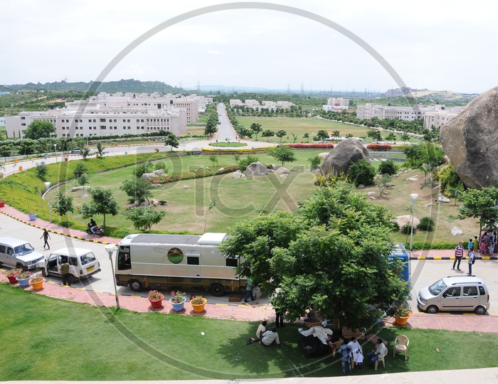 Aerial View Of Ramoji Film  City With Movie Shooting Cars And Caravans