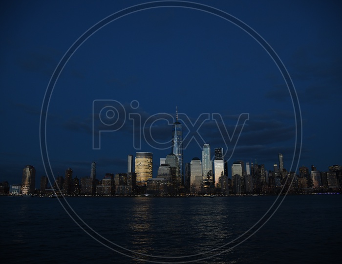 New York City Night Scape With High Rise Buildings And East River