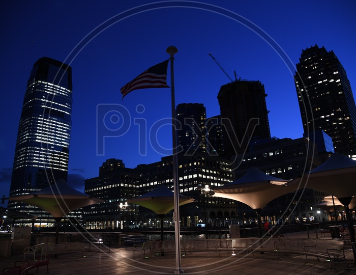 New York City Night Scape With High Rise Building And Blue Hour Sky