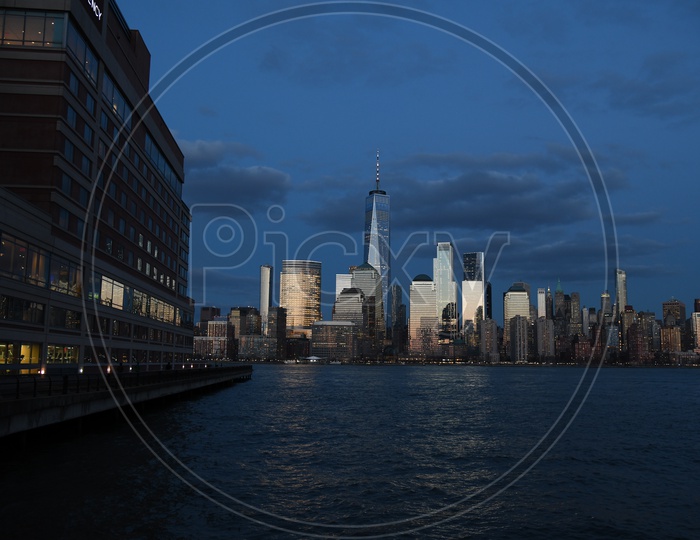 New York City Night Scape With High Rise Buildings And East River