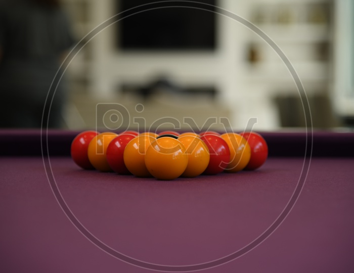 Plain Snooker Or Billiards Ball Set On a Pool Table
