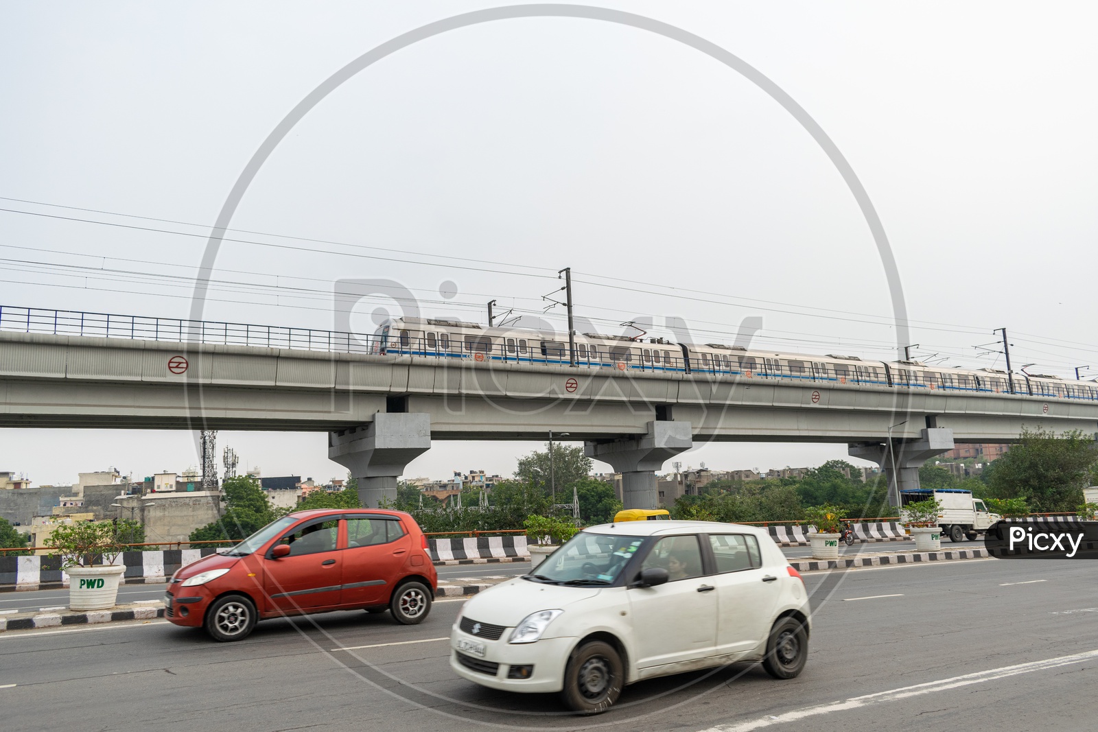 Blue line Delhi metro passing over Noida Link road