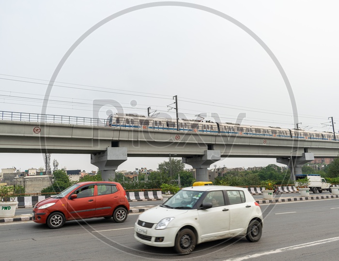 Blue line Delhi metro passing over Noida Link road