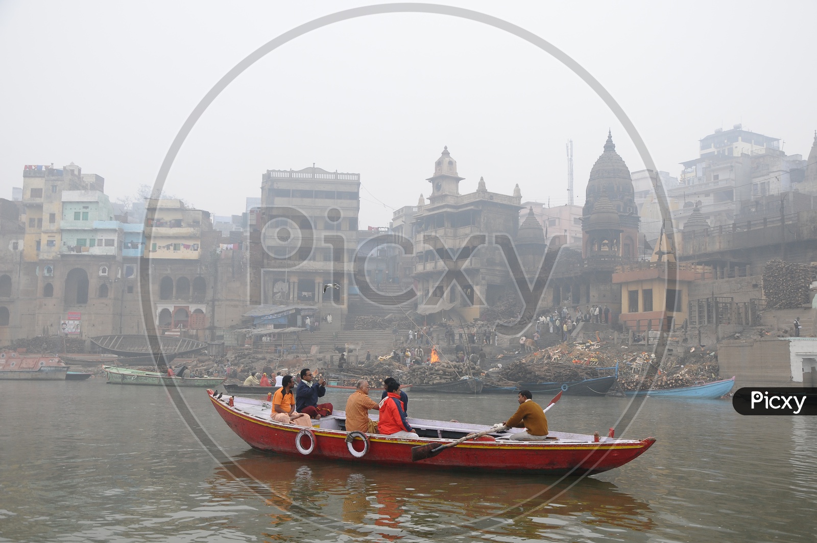Pilgrims Taking Morning Boat Rides on River Ganga in Varanasi