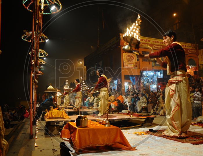 Priests Performing Ganga Aarthi To Sacred River Ganga in Varanasi