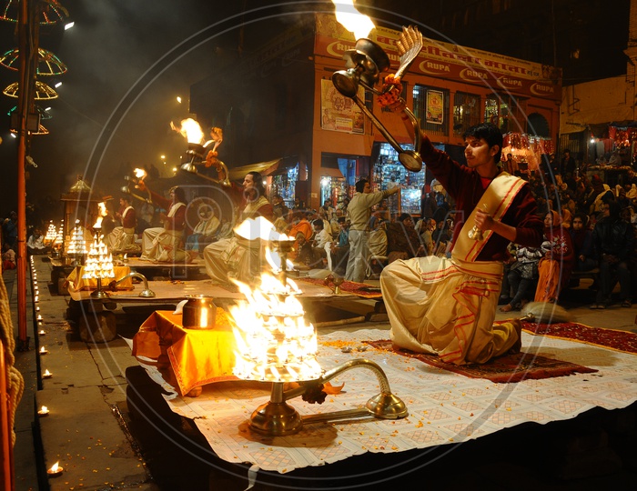 Priests Performing Ganga Aarthi To Sacred River Ganga in Varanasi