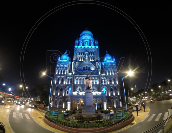 Brihanmumbai Municipal Corporation Building With Blue Neon light on Night