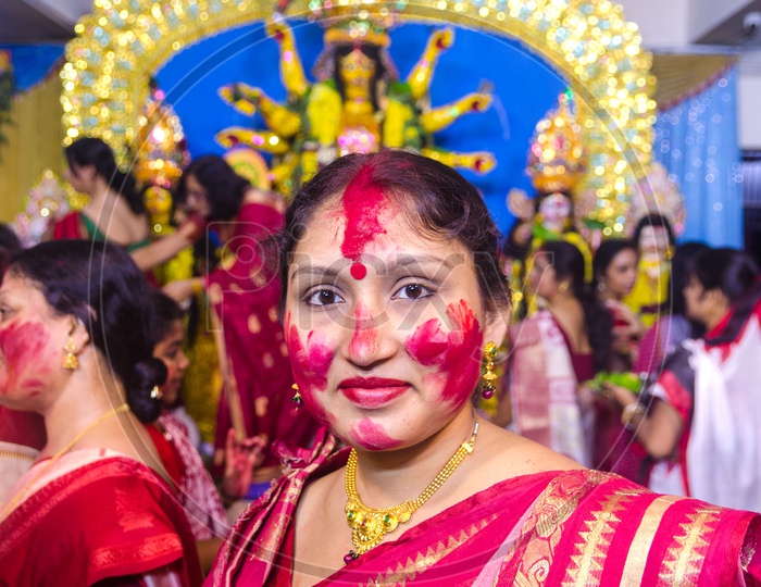 Sindoor khela or vermilion game is played by women to conclude the Durga Puja on the day of Vijayadashami.