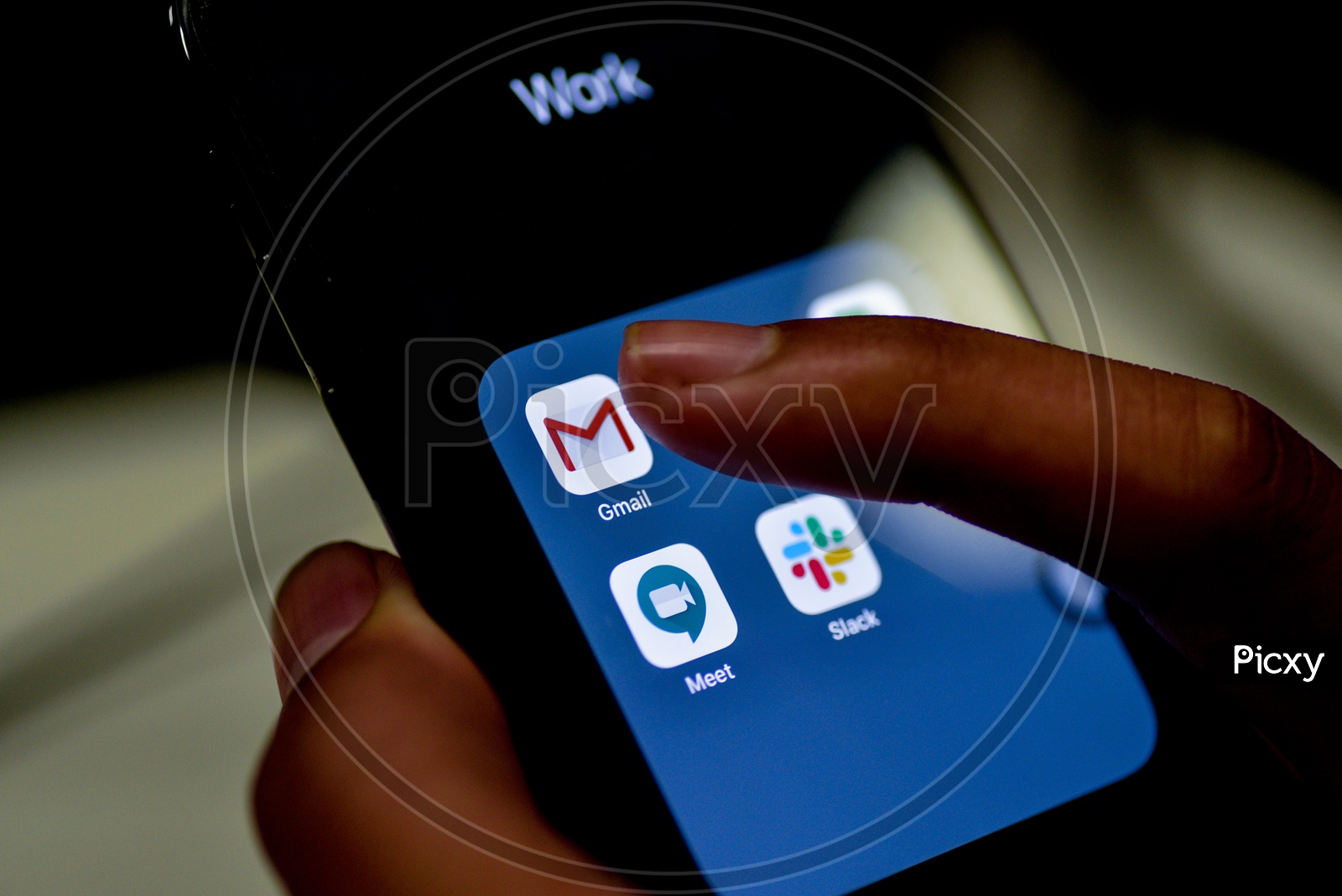 Man Finger Opening Gmail App On Smartphone Screen Closeup