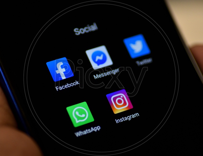 Social Networking Apps Installed Icons On a Smartphone Screen Closeup With Selective Focus on Instagram