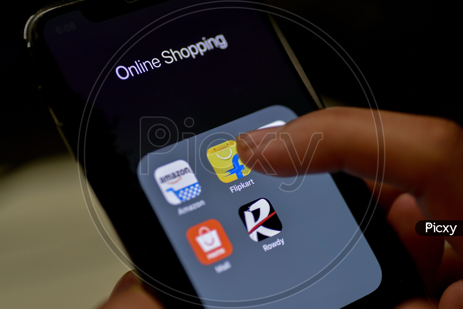 Man Finger Opening Flipkart   Online Shopping App On Smartphone With Selective Focus