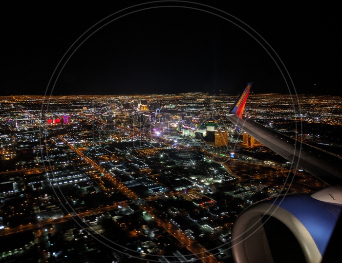Aerial View Of Las Vegas City Night  Scape From Flight Window
