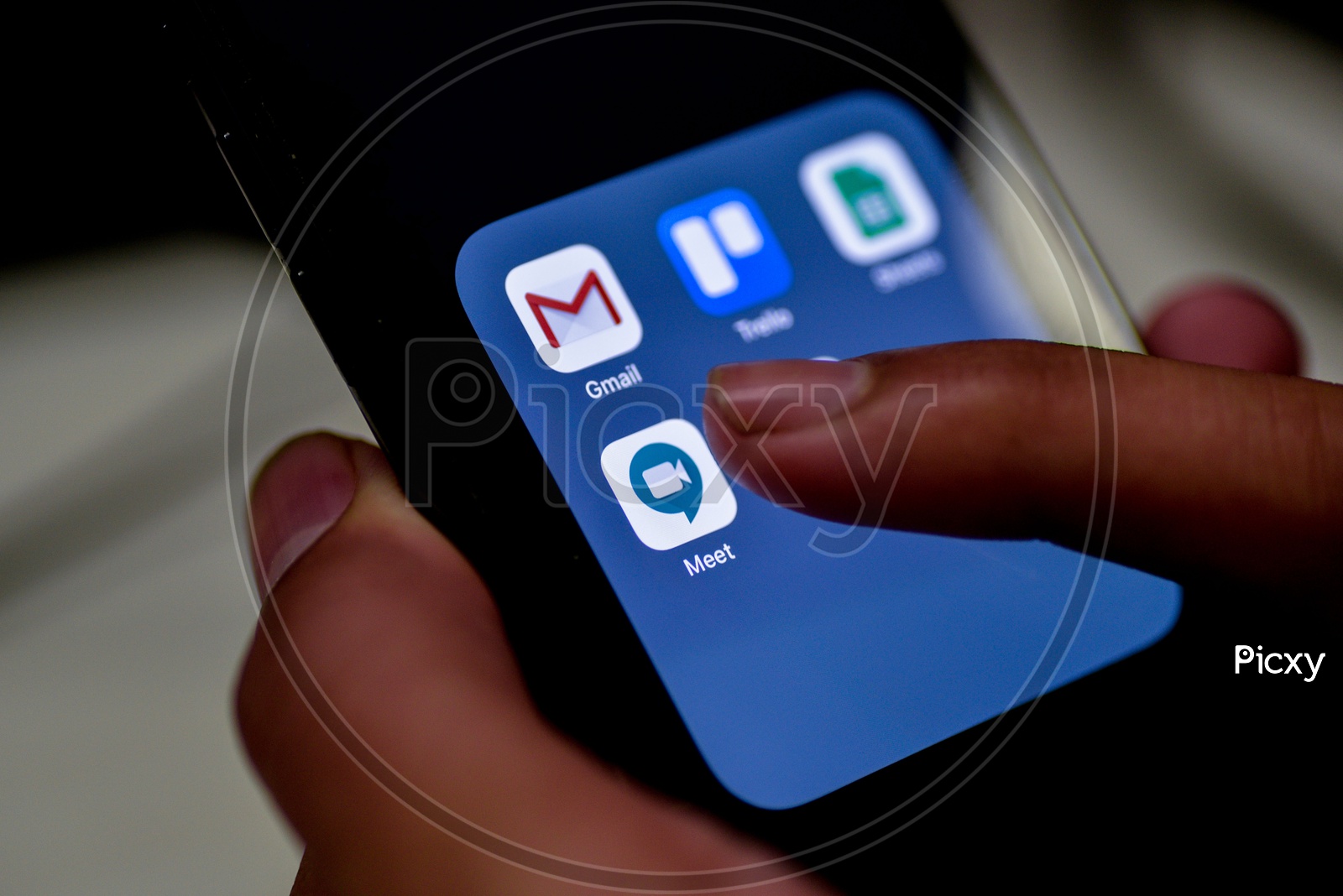 Man Finger Opening Google Meet   App On Smartphone Screen Closeup