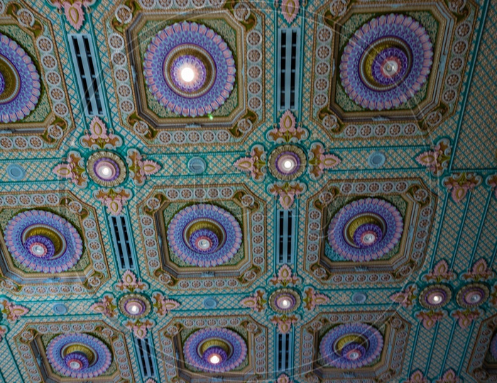Intricate ceiling design with colors at BAPS Swami Narayan Mandir, NJ, USA