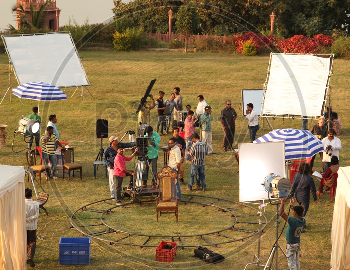 Movie Shooting Spot With Lights And Crane Track  in a House Lawn