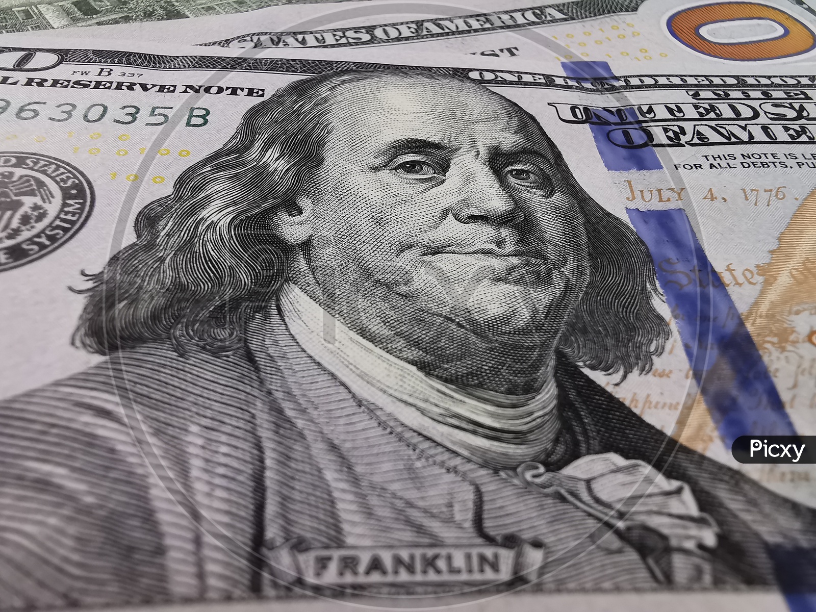 Benjamin Franklin Picture on US 100 Dollar Currency Notes Or Dollar Bills Closeup Shot