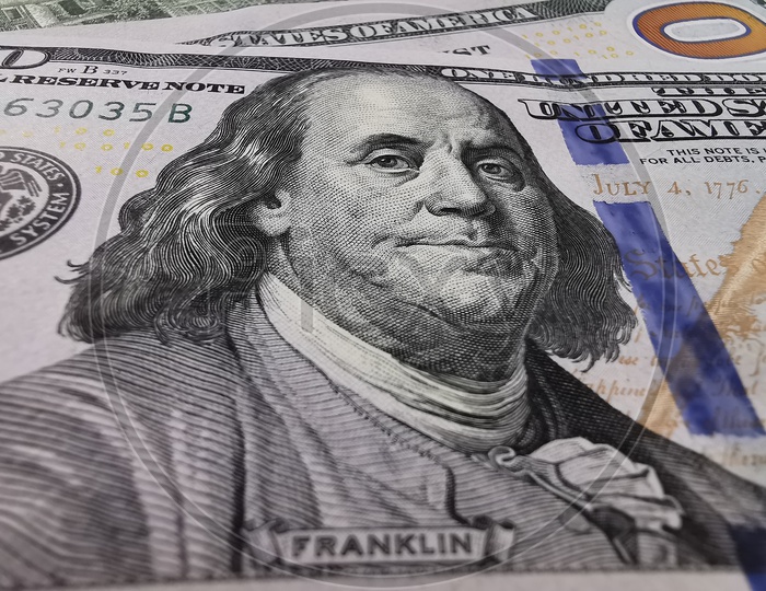 Benjamin Franklin Picture on US 100 Dollar Currency Notes Or Dollar Bills Closeup Shot