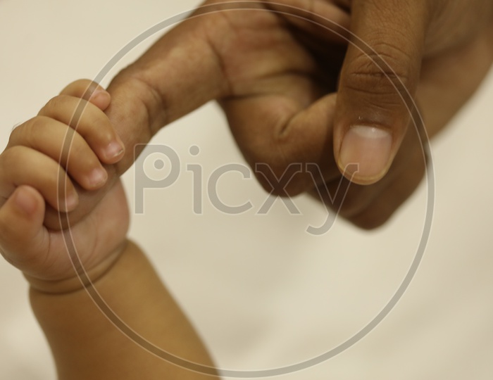 Just Born Baby hand holding father`s finger representing father and child love
