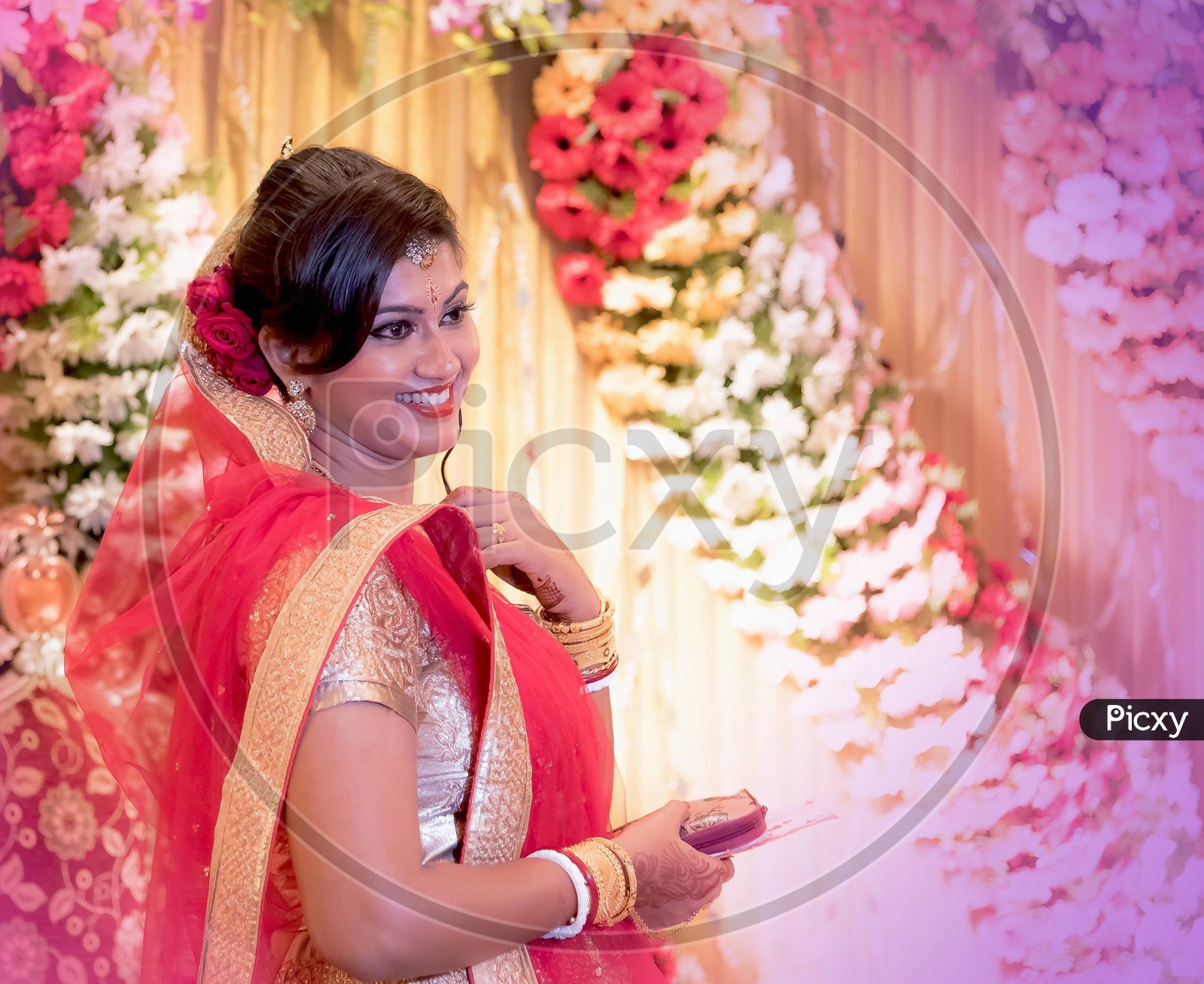Stunning Indian Bride Dressed In Hindu Red Traditional Wedding Clothes Sari Embroidered With Gold Jewelry And A Veil Smiles Tender With Extra Copy Space.