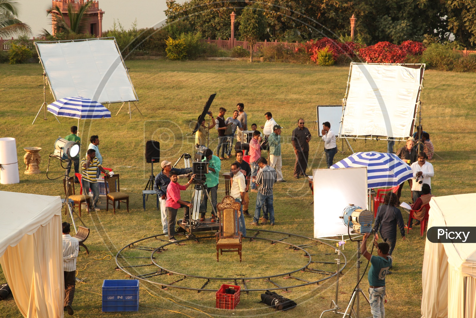 Movie Shooting Spot With Lights And Crane Track  in a House Lawn